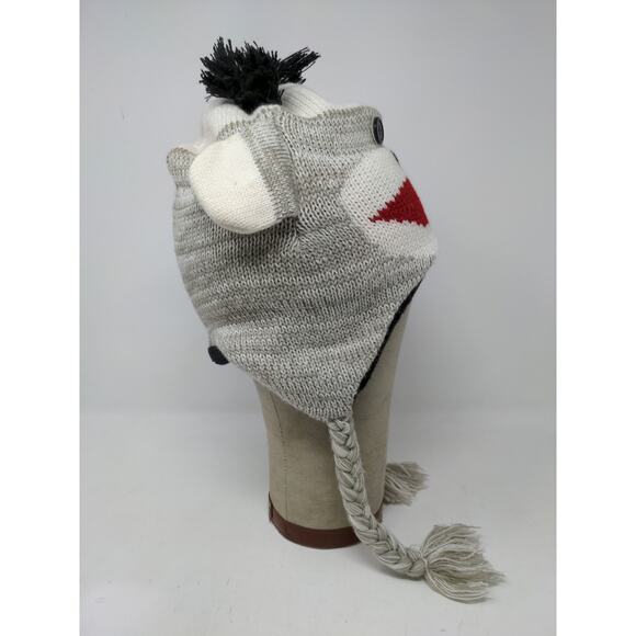 Sock Monkey Knit Beanie Hat Cap Button Eyes 100% Acrylic Gray White - Picture 5 of 10